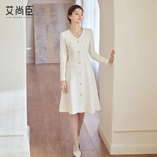 艾尚臣肌理感连衣裙女轻奢气质小香风裙子简约奶油白女神范西装裙 商品图0
