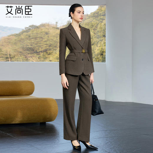 老钱风卡其绿复古羊毛人字纹西装套装女收腰通勤职业装西裤厚 商品图3
