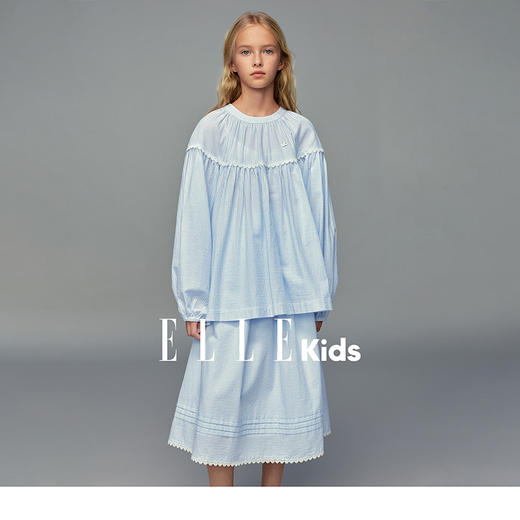 💕春3童装法式度假长袖上衣/木耳边全腰松紧法式条纹伞裙 商品图1