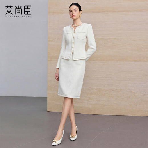 艾尚臣小香风套装女绵羊毛优雅风米白色金扣两件套气质职场套装春 商品图1