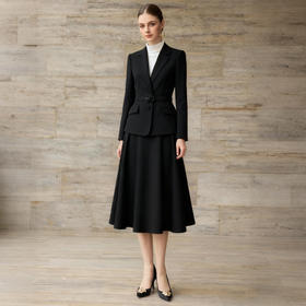 艾尚臣通勤风黑色毛呢西装套装女修身收腰呢子职业套裙气质秋冬款
