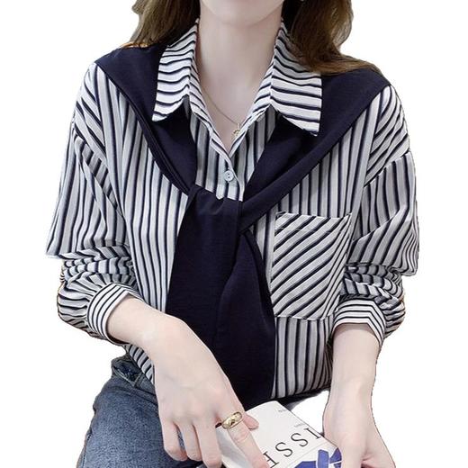 【韩版假两件披肩衬衫】春季 气质宽松显瘦衬衣 设计感条纹长袖女上衣  商品图4