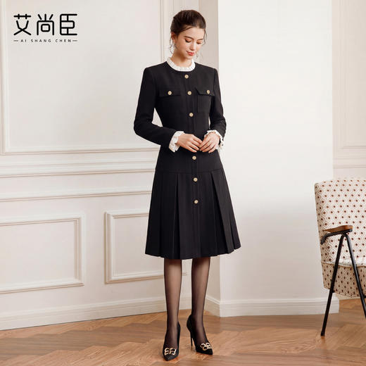 艾尚臣黑色小香风连衣裙女法式复古千金风收腰百褶裙小个子中长裙 商品图2