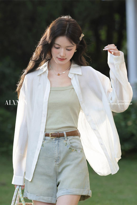 鹿向南「素衣絮语」宽松休闲衬衣杏色防晒长袖衬衫女春季上衣外套 商品图5