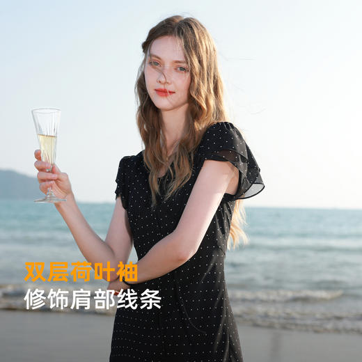 三彩2026春季新款法式波点小黑裙V领A字雪纺裙连衣裙荷叶袖长裙M 商品图3