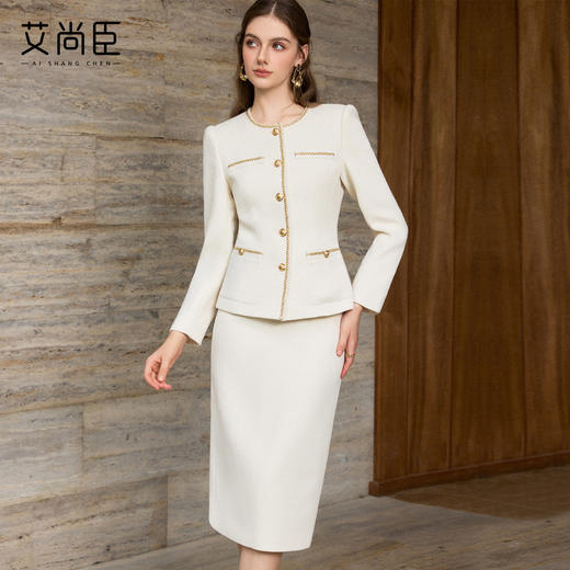 艾尚臣小香风职业套装女气质千金冬装高端精致两件套短外套半裙厚 商品图0