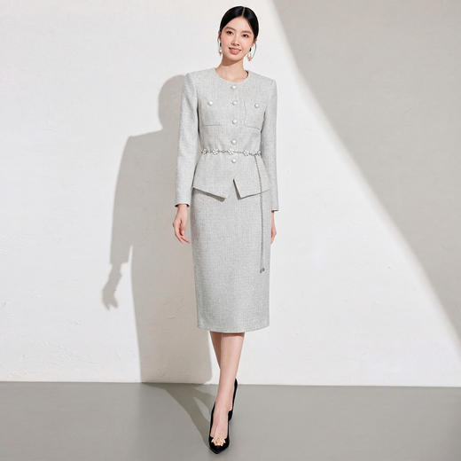 艾尚臣小香风灰色西装套装女秋冬职业通勤高级感收腰两件套 商品图0