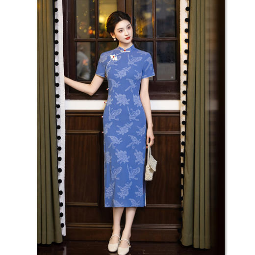 老上海蓝色旗袍2026新式中国风年轻款素雅简单大方日常走秀旗袍SYK392629 商品图3