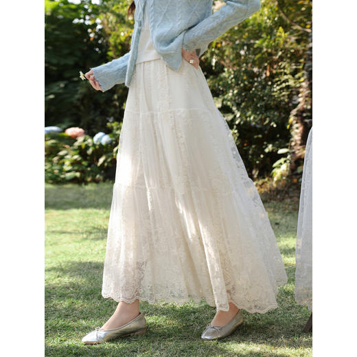 鹿向南「永恒灿烂」杏白色蕾丝长款半身裙女早春显瘦a字半身长裙 商品图0