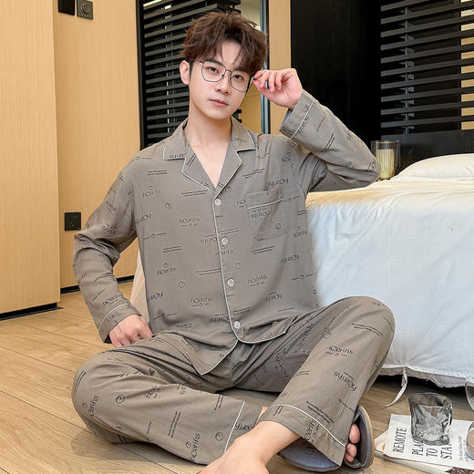 【舒适男士长袖套装】春夏季绵绸睡衣男士韩版青中年长袖长裤休闲家居服棉质薄款套装。rg 商品图2