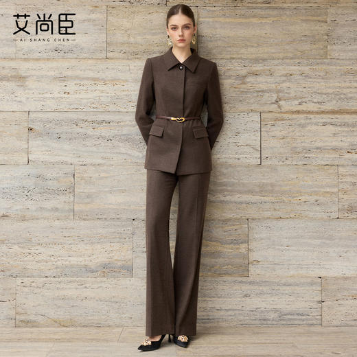艾尚臣高级感咖啡色时尚套装女气质立领西装通勤知性极简风两件套 商品图3