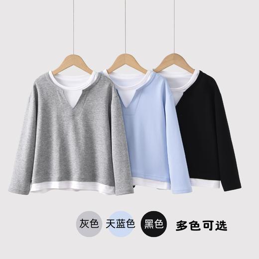 【MUBENMI木本木米2609假两件休闲卫衣】这件假两件卫衣我家娃穿了不想脱！韩系穿搭轻松拿捏，简单配色，是春天的“出场设置”，松弛感满满，穿上秒变韩系酷帅小孩~ 商品图1