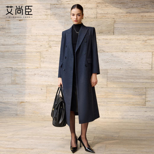 艾尚臣羊毛大衣女冬藏青色毛呢外套中长款通勤职场西装双排扣长款 商品图1