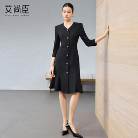 艾尚臣七分袖轻奢优雅风黑色V领连衣裙女长袖收腰显瘦气质裙