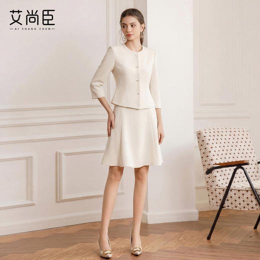 艾尚臣米色七分袖西装套裙女春季圆领职业装高级感气质上班两件套 商品图1