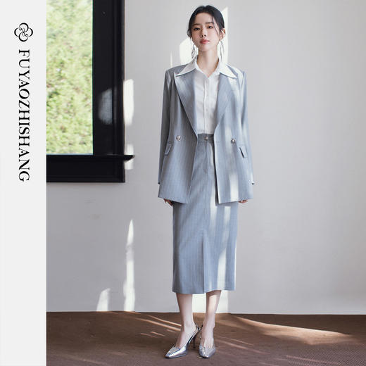 FUYAO扶摇直上 灰色条纹西装套装女春季面试宽松西服半身裙两件套 商品图3