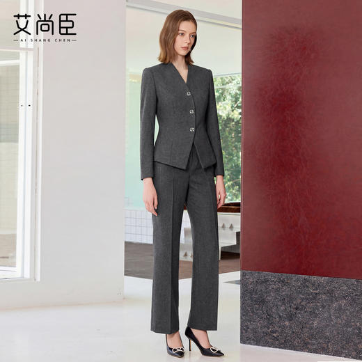 艾尚臣高级感灰色西装套装女春季长袖职业装通勤商务优雅风两件套 商品图0
