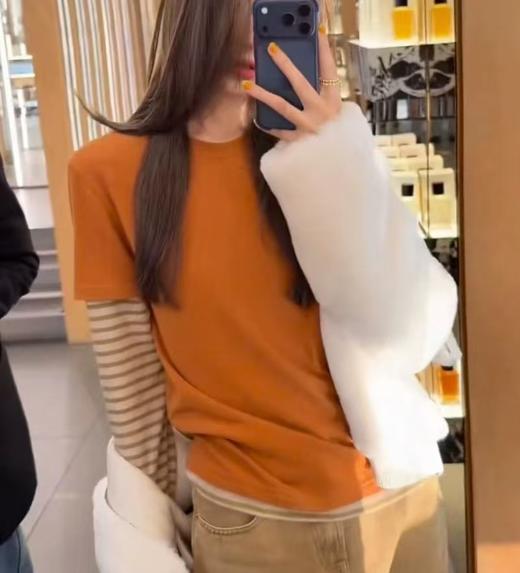 老米优品🎈3-5天! ☁《条纹叠搭云朵绒春款tee》韩系氛围感直接拉满！元气橘显白，经典藏青百搭，谁穿谁好看~T260226A 商品图0