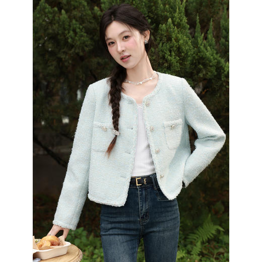 鹿向南「春日香颂」小香风浅蓝色短外套女春季小个子气质开衫上衣 商品图0