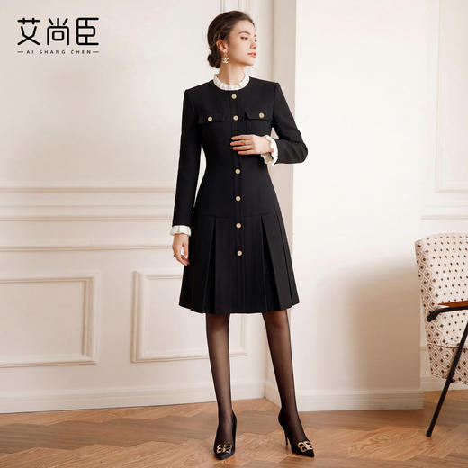 艾尚臣黑色小香风连衣裙女法式复古千金风收腰百褶裙小个子中长裙 商品图3