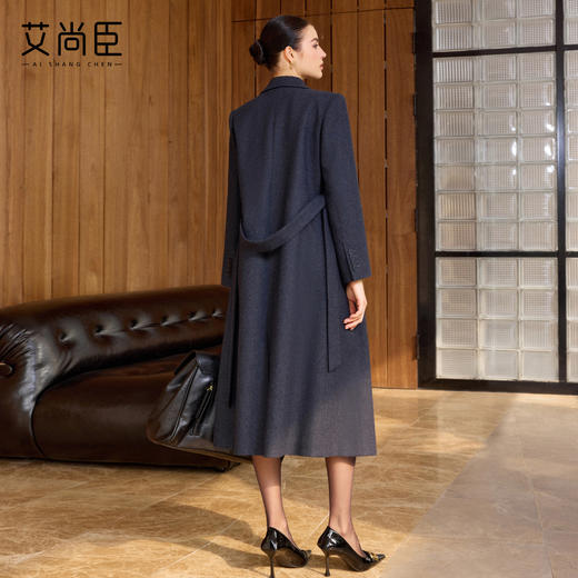 艾尚臣羊毛大衣女冬藏青色毛呢外套中长款通勤职场西装双排扣长款 商品图4