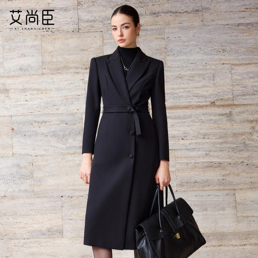艾尚臣羊毛大衣女中长款黑色通勤西装领系带收腰轻奢极简风外套冬 商品图0