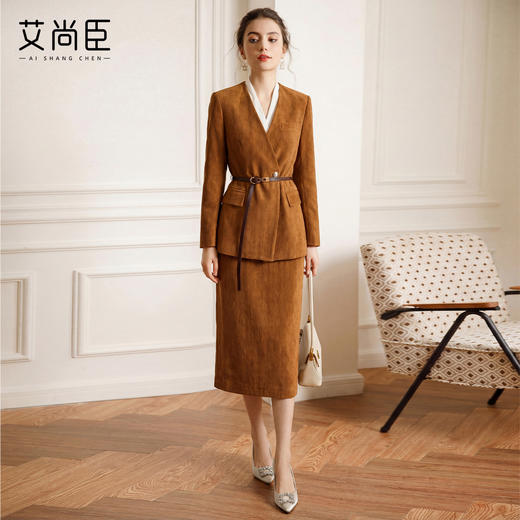 艾尚臣长袖西装套装女春季通勤职业装V领褐色西服收腰显瘦两件套 商品图0