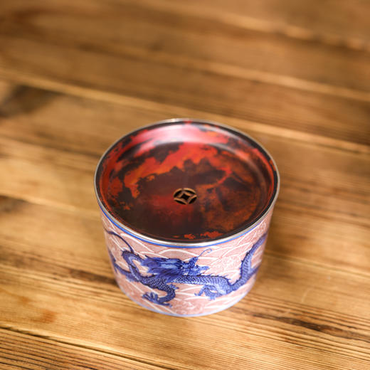 【忘言】 青花釉里红海水龙纹手工铜盖建水 曰何文人器 商品图3