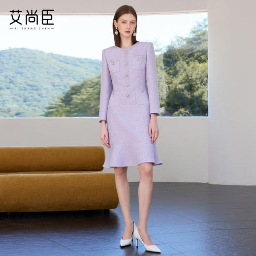艾尚臣星河紫小香风连衣裙女高级感气质主持人修身显瘦通勤A字裙 商品图3
