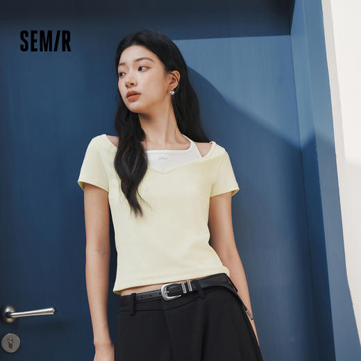 森马短袖T恤女夏季短款挂脖V领假两件蝴蝶结紧身烫钻2026新款上衣 商品图0