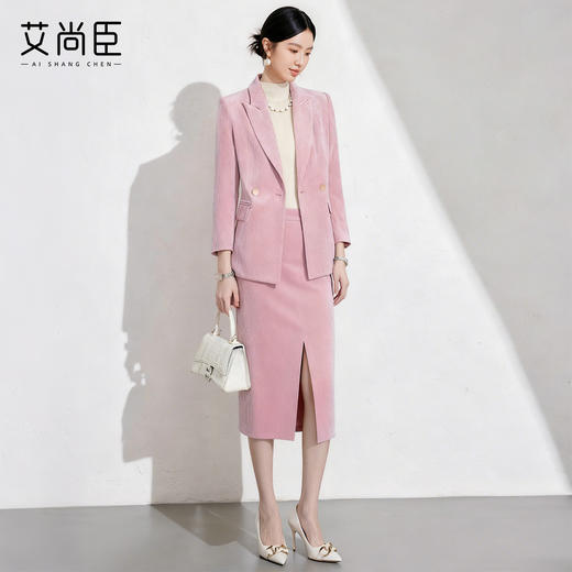 艾尚臣樱花粉西装套裙女高级感优雅正装职业装开叉裙显瘦两件套冬 商品图3