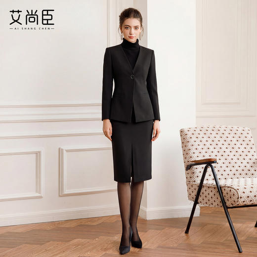 艾尚臣商务风职业装西装套装女气质V领收腰显瘦工作服黑色一粒扣 商品图1