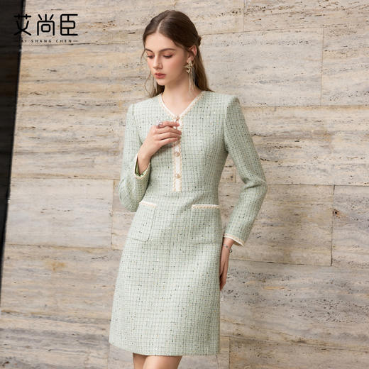 艾尚臣经典小香风粗花呢连衣裙女秋V领收腰显瘦气质裙千金风 商品图3