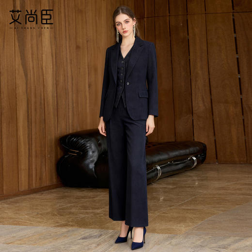 艾尚臣老钱西装套装女冬季通勤纹理西服职业装阔腿裤三件套极简风 商品图1