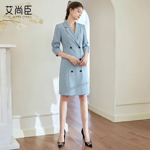 艾尚臣经典高级蓝色双排扣西装连衣裙女职业气质收腰中长款正装裙 商品图3