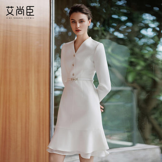 艾尚臣轻奢优雅风白色连衣裙女V领荷叶边气质裙高级感知性连身裙 商品图3