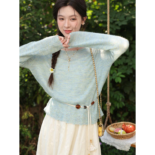 鹿向南「青柠气泡」蓝绿色针织衫女春季宽松慵懒感长袖罩衫上衣 商品图1