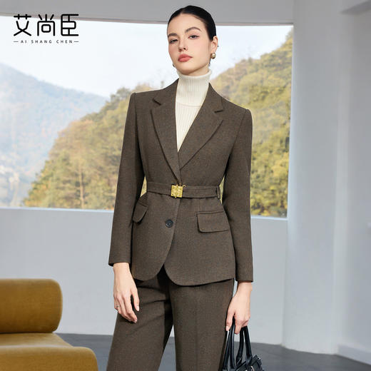 老钱风卡其绿复古羊毛人字纹西装套装女收腰通勤职业装西裤厚 商品图0