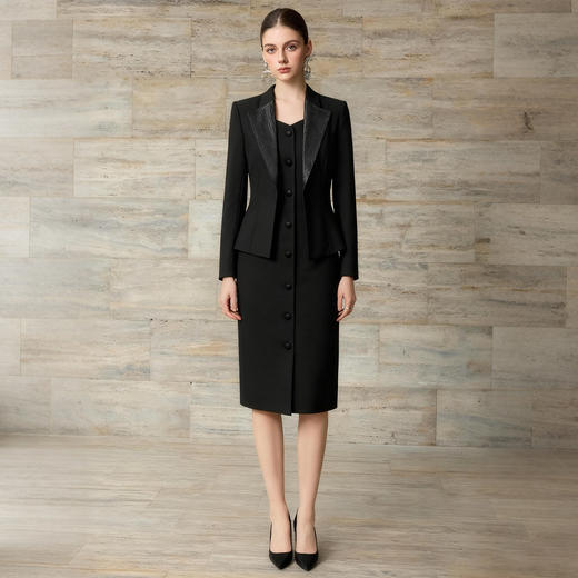 艾尚臣假两件黑色修身连衣裙女职业装西装领排扣气质高级感通勤裙 商品图1