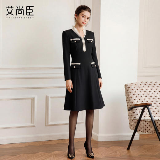 艾尚臣山茶小香风V领荷叶边连衣裙女黑色收腰显瘦千金风中长裙A裙 商品图4