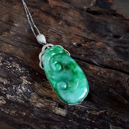 【天然正品】A货翡翠AU750白金镶钻镶天然细腻糯种飘绿花如意（万事如意）翡翠吊坠项链100226NJM12 商品图4