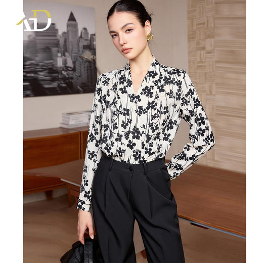 AD高级感长袖花衬衫女春2026新款通勤穿搭职业衬衣黑色裤子两件套 商品图0