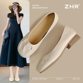 ZHR则则羊皮浅口气质单鞋真皮女2026新款百搭粗跟一脚蹬通勤单鞋