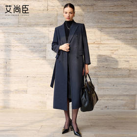 艾尚臣羊毛大衣女冬藏青色毛呢外套中长款通勤职场西装双排扣长款
