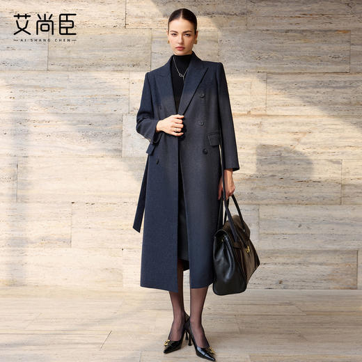 艾尚臣羊毛大衣女冬藏青色毛呢外套中长款通勤职场西装双排扣长款 商品图0