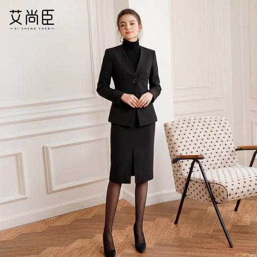艾尚臣商务风职业装西装套装女气质V领收腰显瘦工作服黑色一粒扣 商品图2