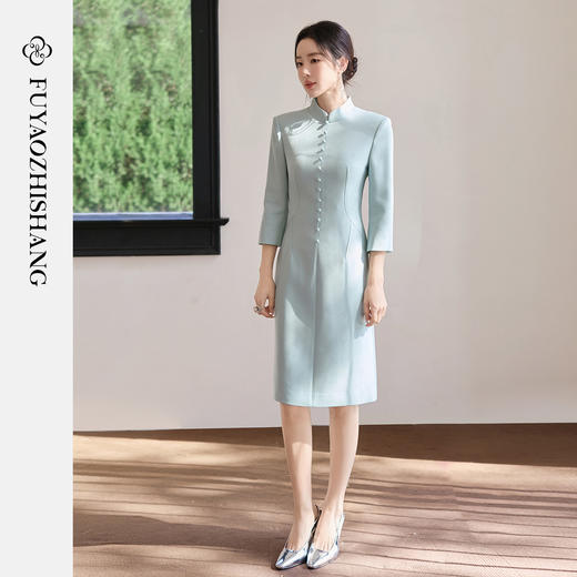 FUYAO扶摇直上 中式风立领连衣裙女修身水绿色醋酸旗袍裙优雅裙子 商品图3
