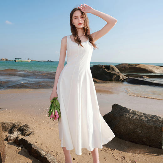 三彩2026春季新款方领无袖背心裙A字裙连衣裙简约大摆长裙气质M 商品图1