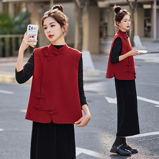 新中式国风红色盘扣马甲套装，显瘦洋派半身裙三件套HR-2667 商品图0
