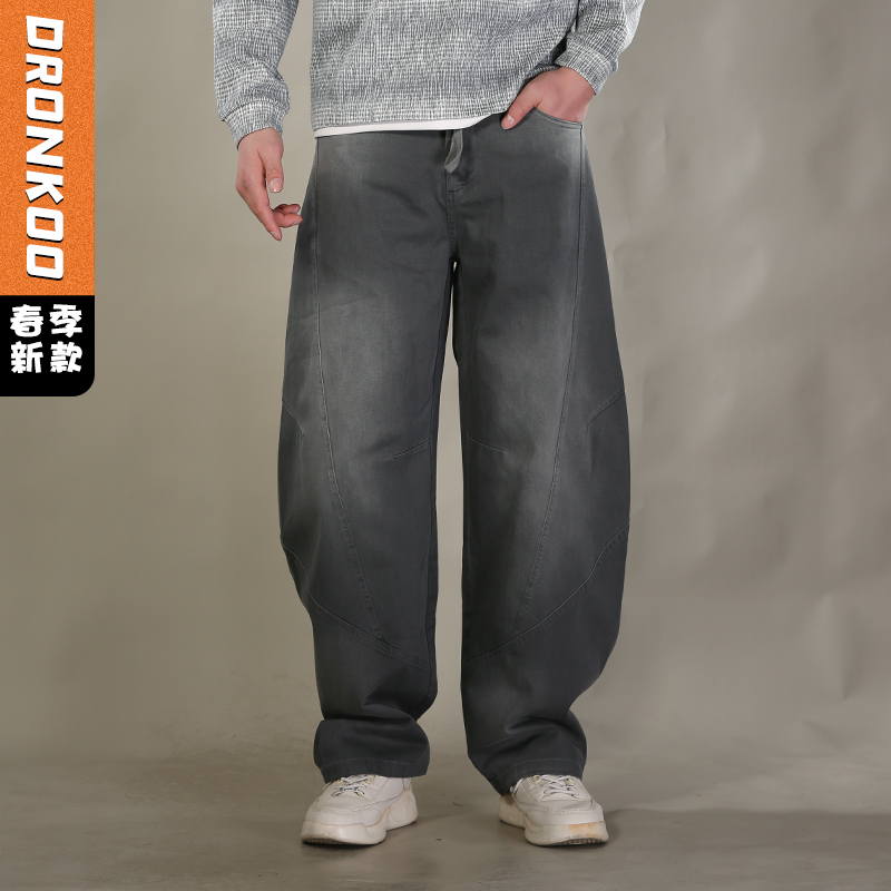 DRONKOO 2026 抽绳半松紧前交叉破骨多位喷色中厚牛仔长裤